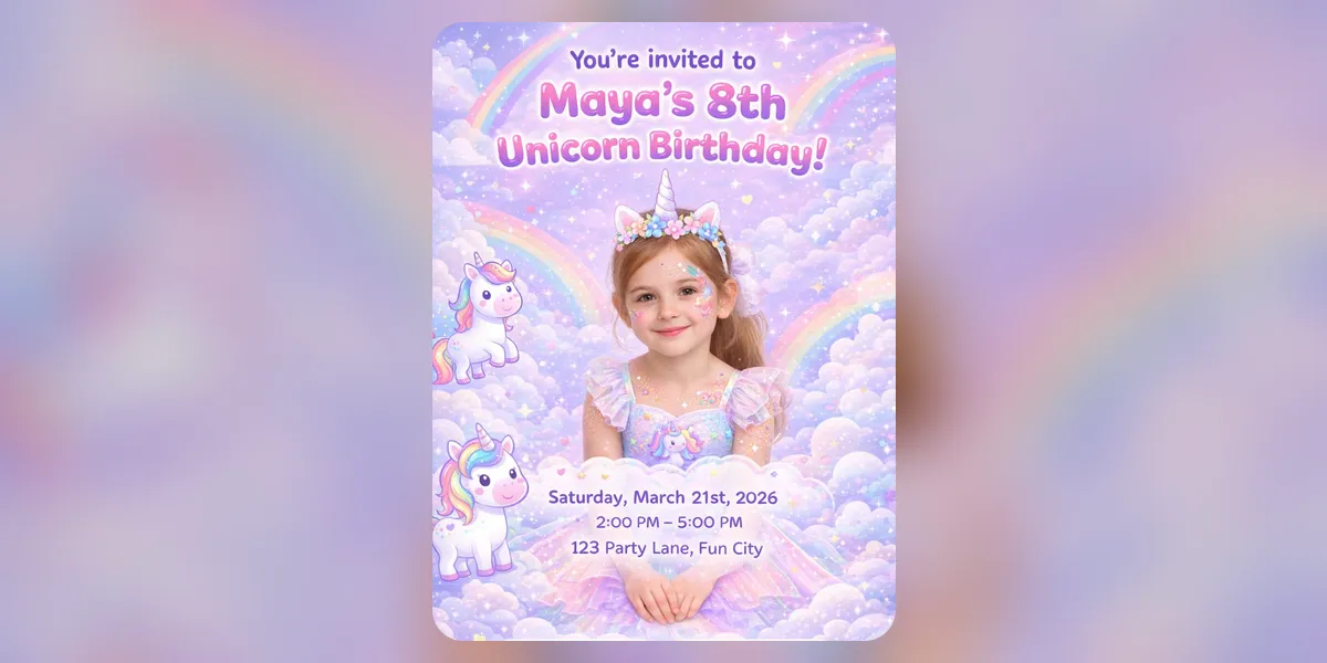 A sample unicorn birthday invitation: a child in a flower unicorn headband among pastel clouds and rainbows