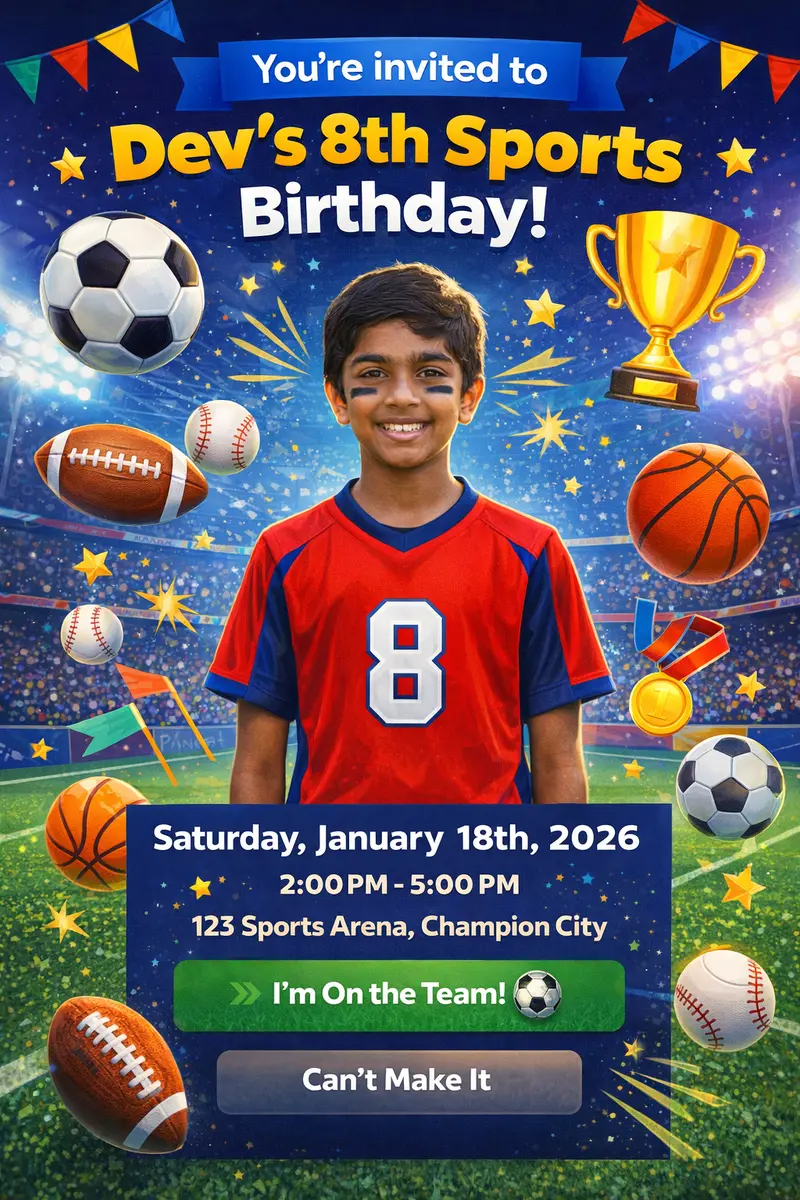 Sports birthday invitation example with footballs, a trophy and personalised birthday artwork