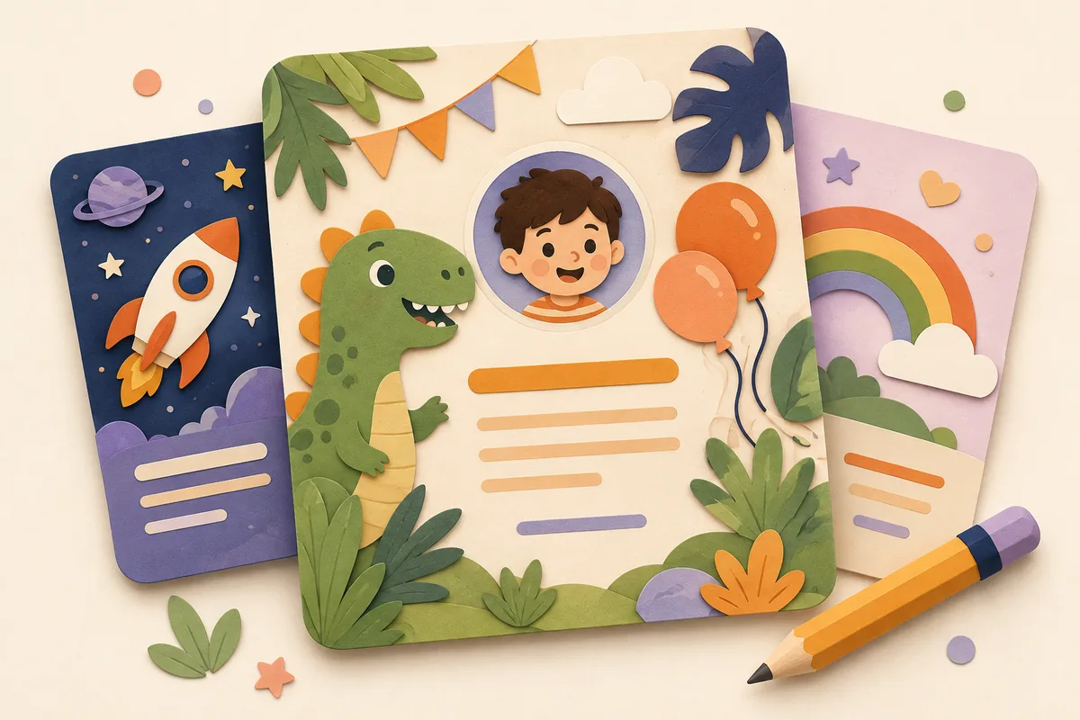 Illustrated dinosaur, space and rainbow invitation designs with a pencil.