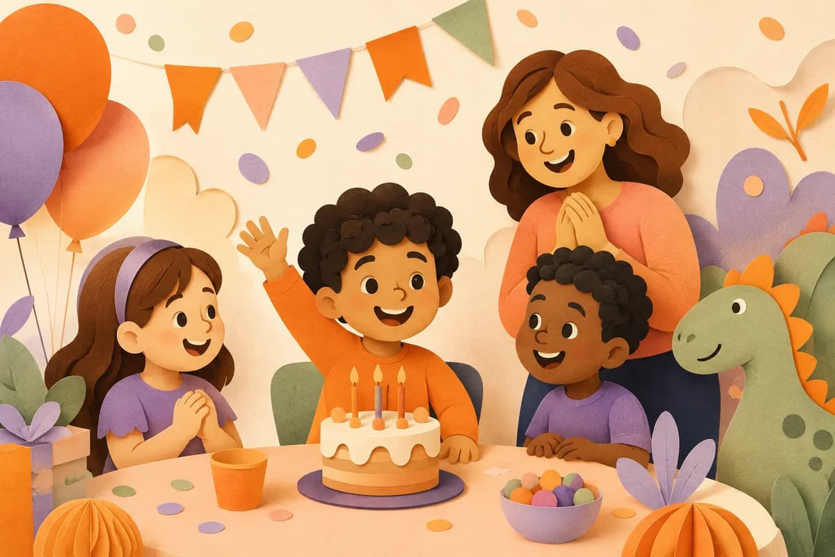 Illustration of a child celebrating with friends, a parent and a birthday cake.