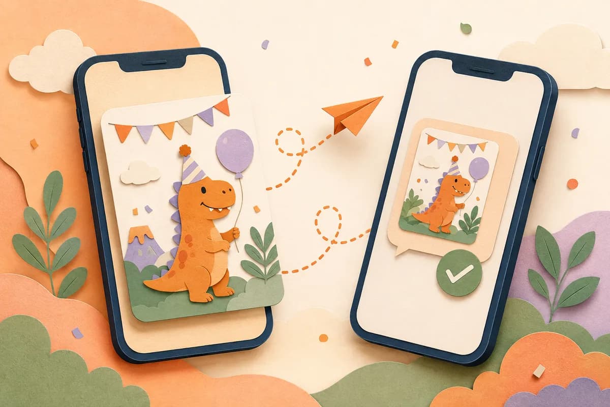 Illustration of a birthday invitation travelling between two phones.