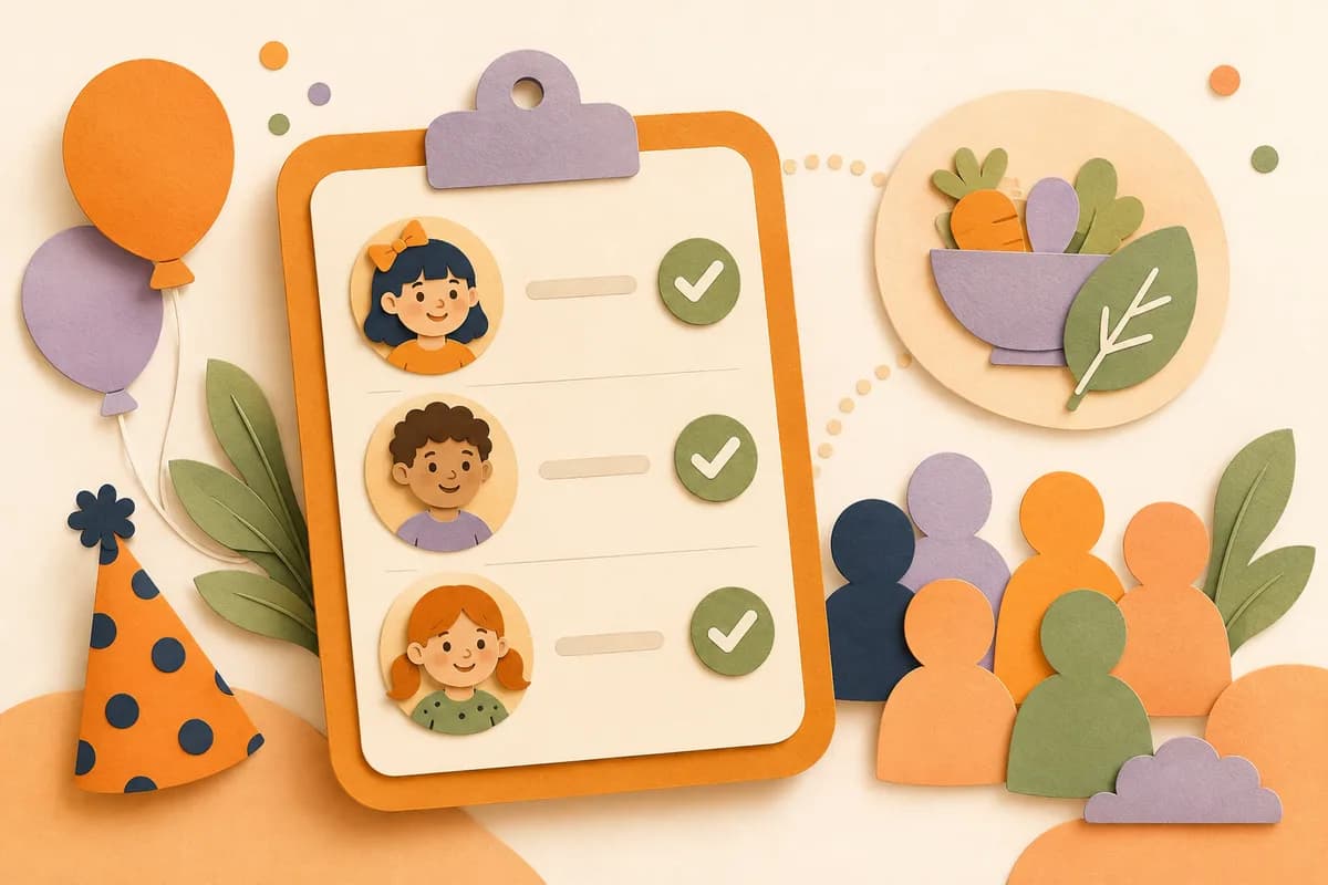 Illustrated guest checklist with attendance ticks and a food requirements symbol.