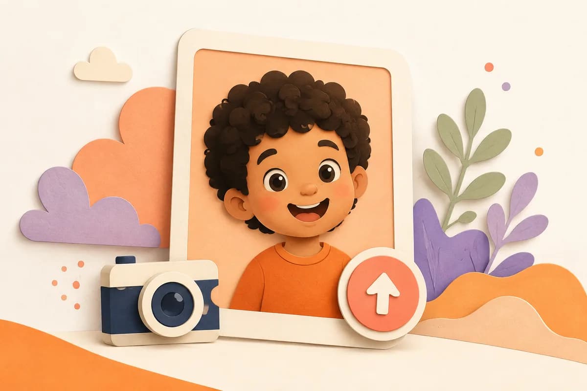 Illustration of a child’s portrait with a camera and upload arrow.