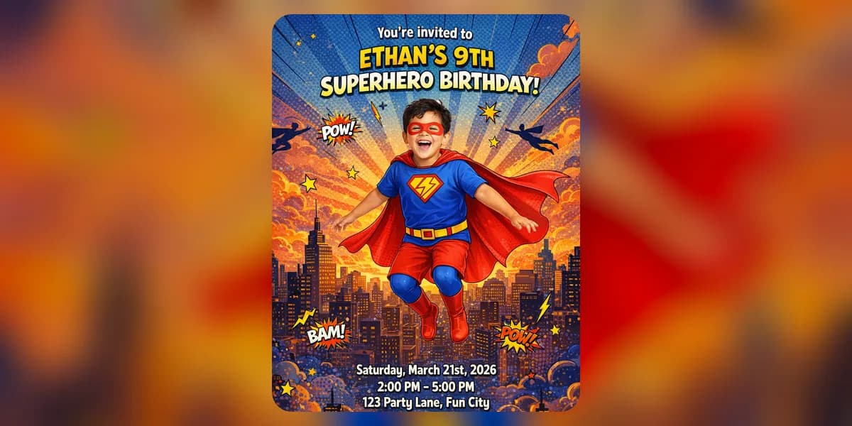 A sample superhero birthday invitation: a child in a red cape and mask flying over a comic-book city