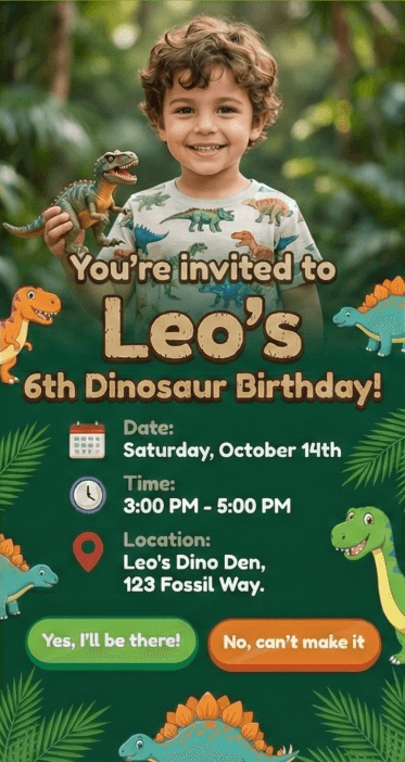 Existing dinosaur invitation example featuring a child's portrait, prehistoric artwork and sample party details