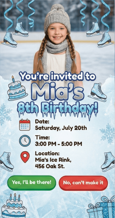 AI-generated ice skating birthday party invitation created with Partyolo