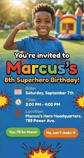 Personalized superhero birthday party invitation made with Partyolo app