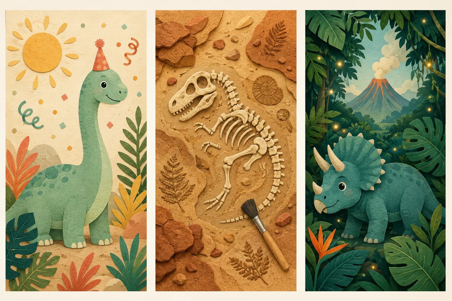 Three illustrated concepts: a friendly green dinosaur with a party hat, a sandy dinosaur fossil dig, and a triceratops in a lush jungle